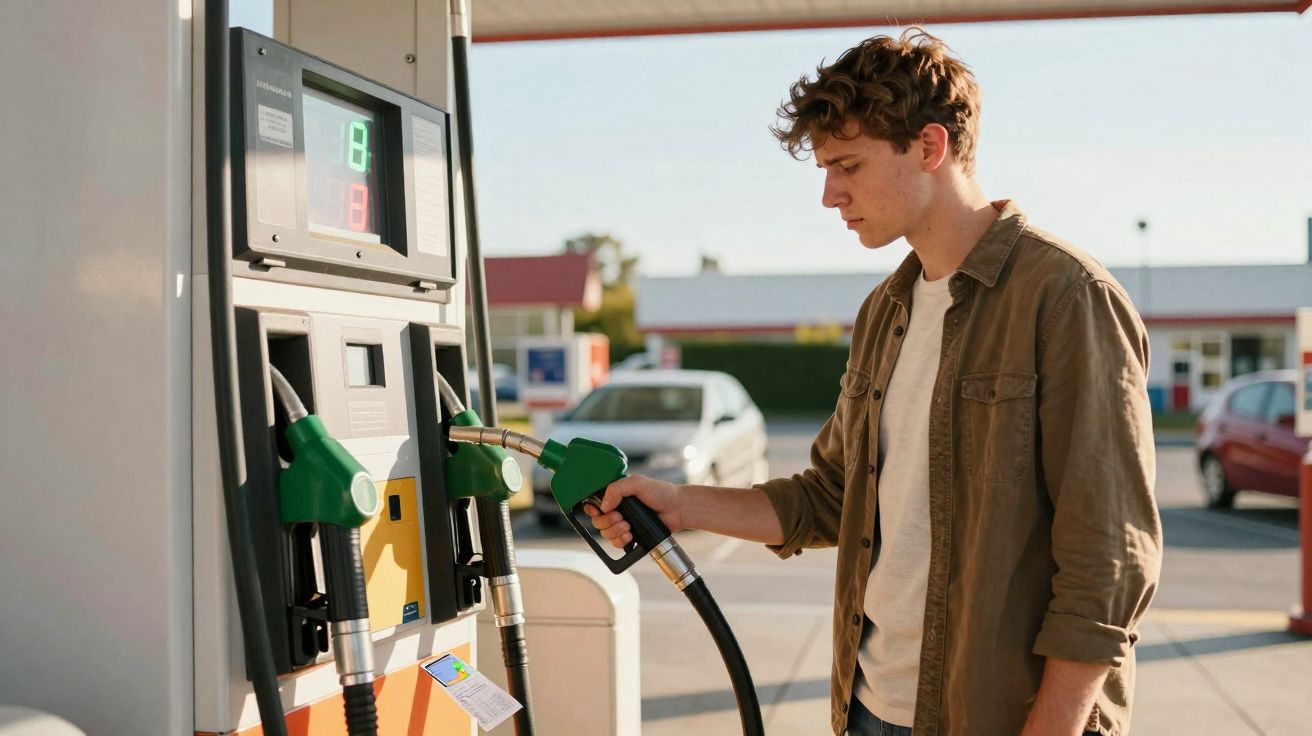Jeune homme avec une pompe verte fait le plein dans une station-service ensoleillée.