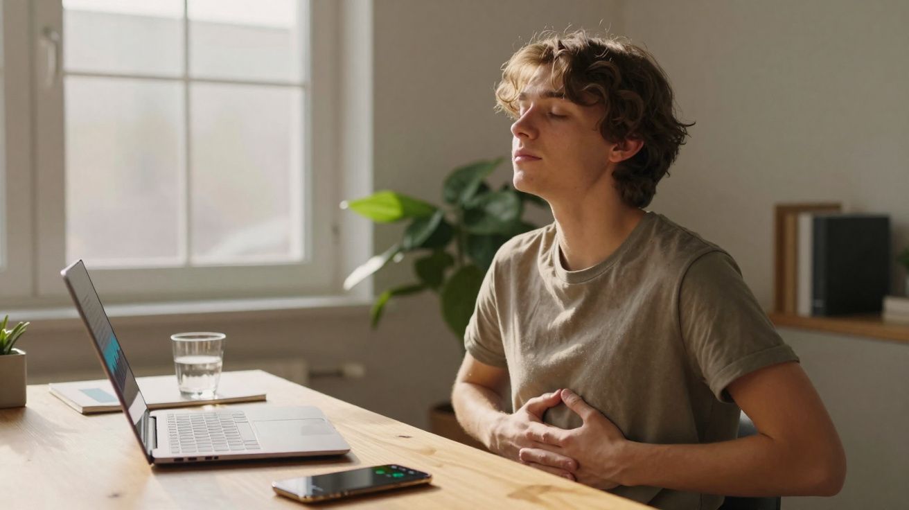 Un jeune homme assis à une table, tenant son ventre avec une expression de douleur, près d'un ordinateur portable.