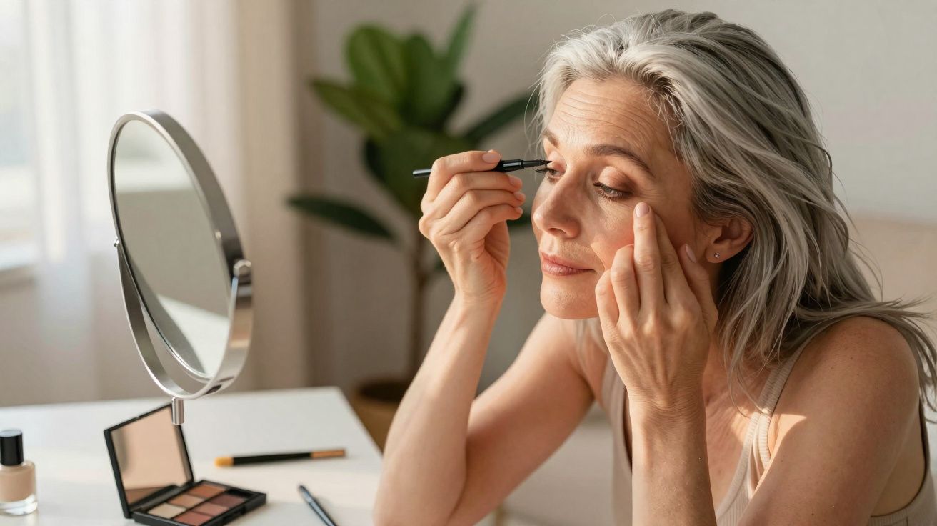 Femme aux cheveux gris appliquant du maquillage yeux devant un miroir sur une table lumineuse.