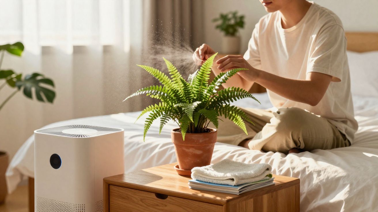 Personne vaporisant de l'eau sur une plante verte en pot dans une chambre lumineuse près d'un purificateur d'air.