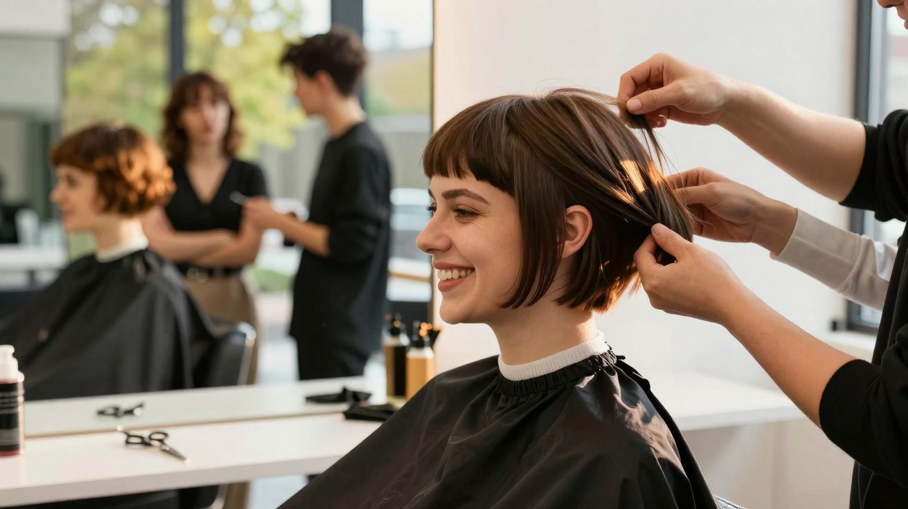 Jeune femme souriante se fait coiffer dans un salon de beauté moderne avec un coiffeur ajustant sa coiffure.