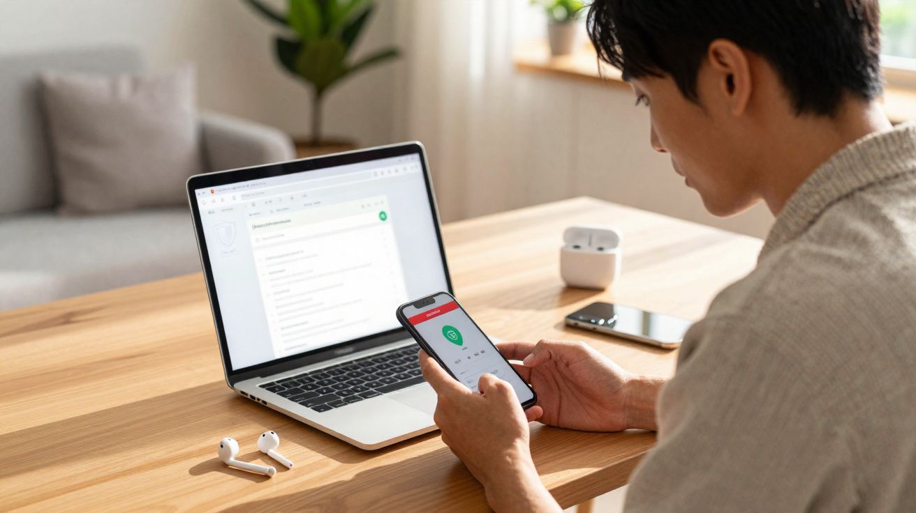 Homme utilisant un smartphone près d’un ordinateur portable ouvert sur une table en bois dans un intérieur lumineux.