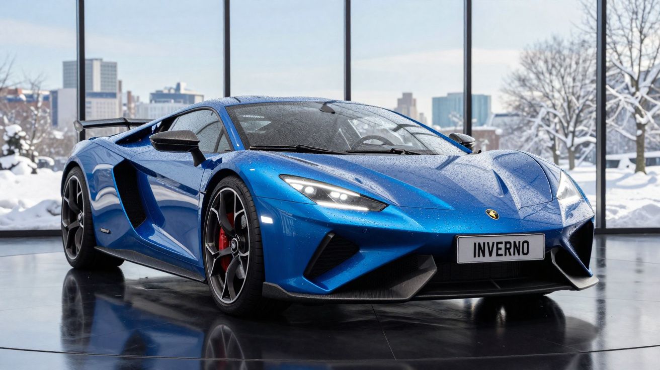 Voiture de sport bleue brillante garée dans un showroom avec vue sur paysage urbain enneigé.