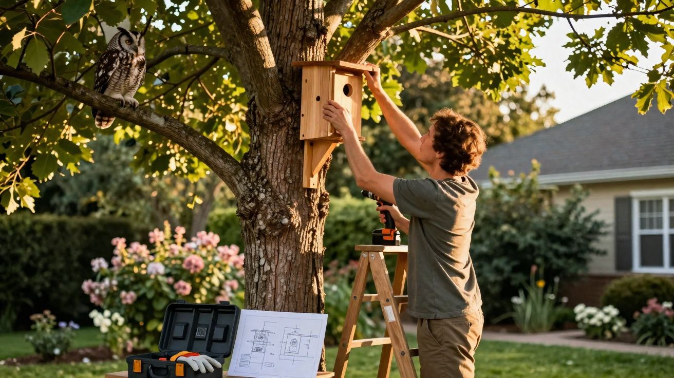 Un homme installe une maison à oiseaux en bois sur un arbre dans un jardin ensoleillé, une chouette observe.