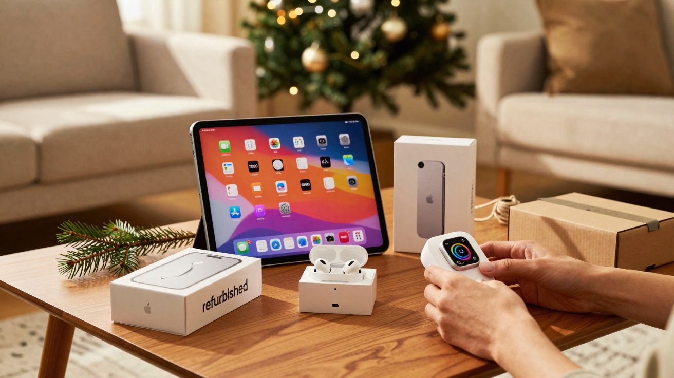 Table en bois avec iPad, AirPods, Apple Watch et boîtes Apple, décor de sapin de Noël en arrière-plan.