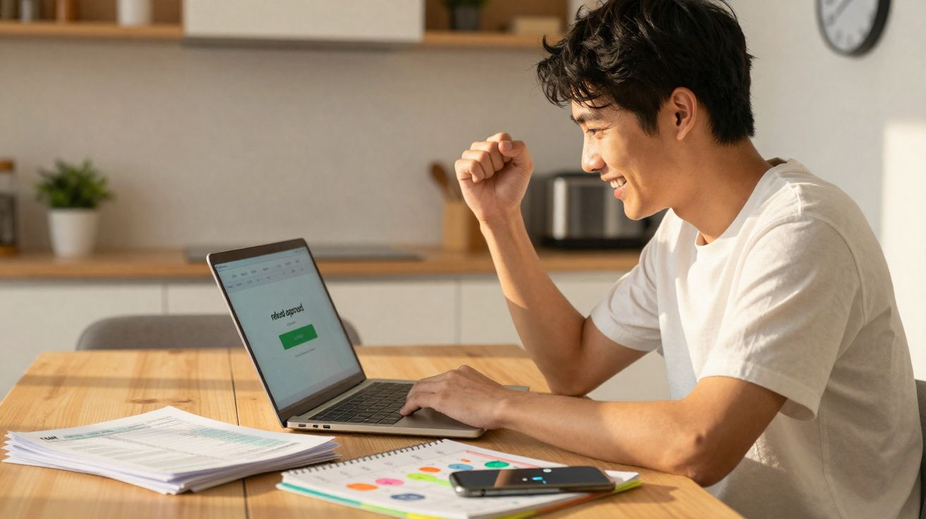 Jeune homme souriant célèbre devant son ordinateur portable à une table avec des papiers et un téléphone.