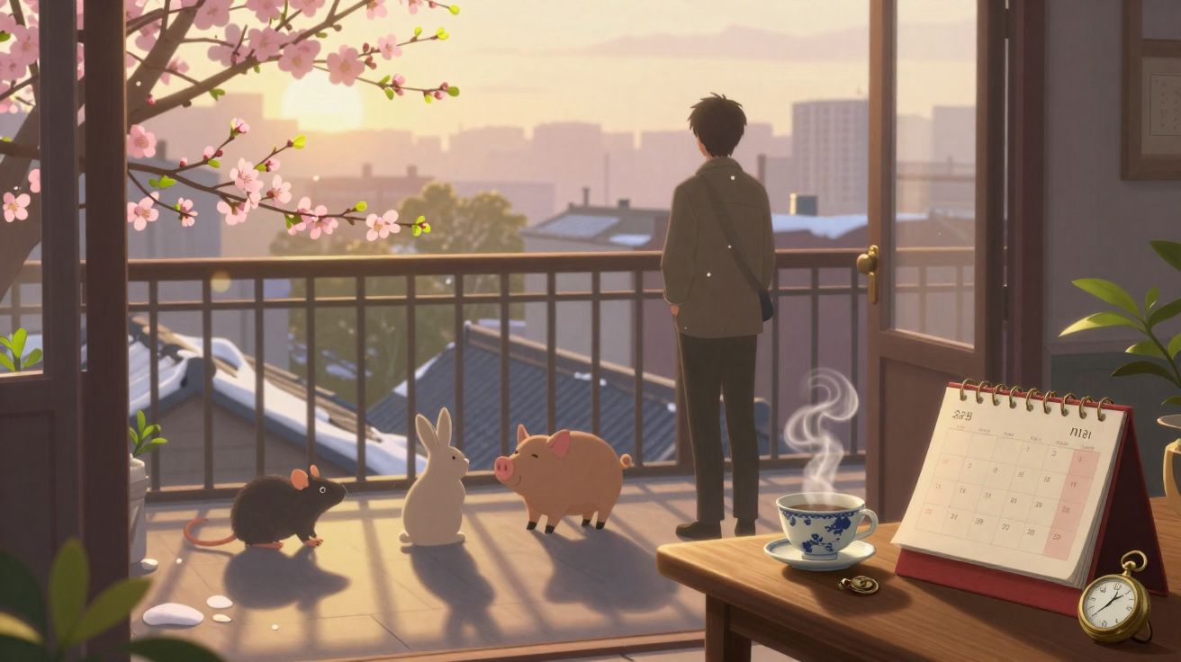 Un homme debout sur un balcon au lever du soleil, accompagné d'une souris, un lapin et un cochon.