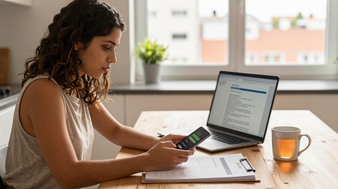 Jeune femme concentrée utilisant un smartphone avec ordinateur portable et documents sur une table en bois près d'une fenêtre