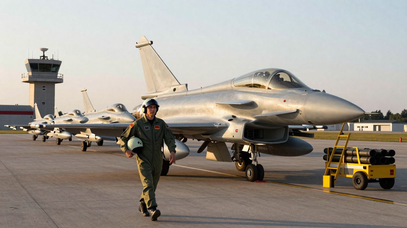 Un pilote en tenue militaire marche devant une rangée d’avions de chasse sur une piste d’aéroport.