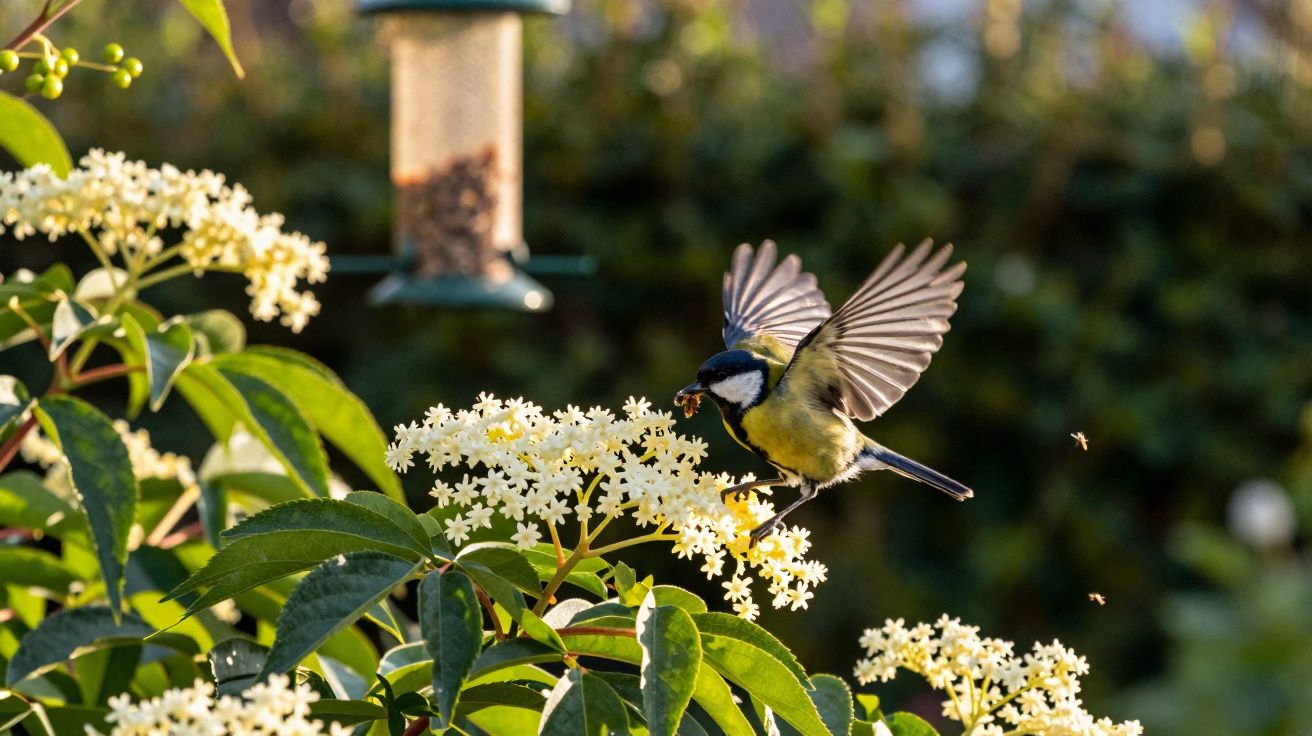 Mésange en vol avec un insecte dans le bec, près de fleurs blanches et d'une mangeoire à oiseaux.