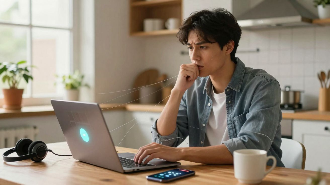 Jeune homme concentré travaillant sur son ordinateur portable dans une cuisine lumineuse et moderne.