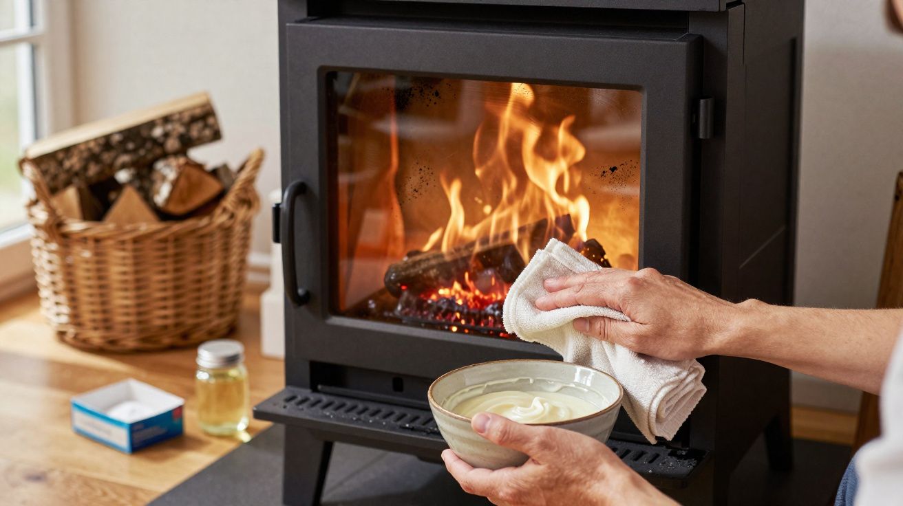 Personne tenant un bol devant un poêle à bois allumé dans un intérieur chaleureux.