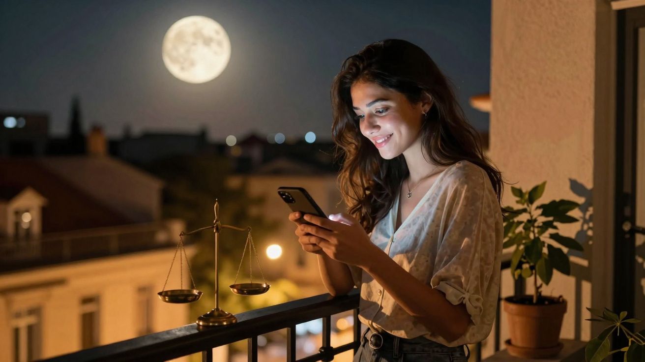 Jeune femme souriante utilisant un smartphone sur un balcon la nuit sous une pleine lune brillante.