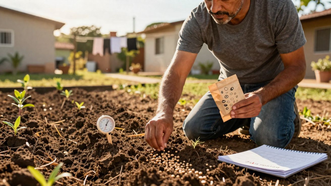 Homme plantant des graines dans un jardin, carnet et thermomètre de sol à côté, sous un ciel ensoleillé.