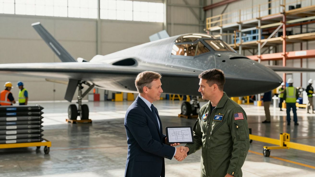 Deux hommes se serrant la main devant un avion furtif dans un hangar aéronautique.