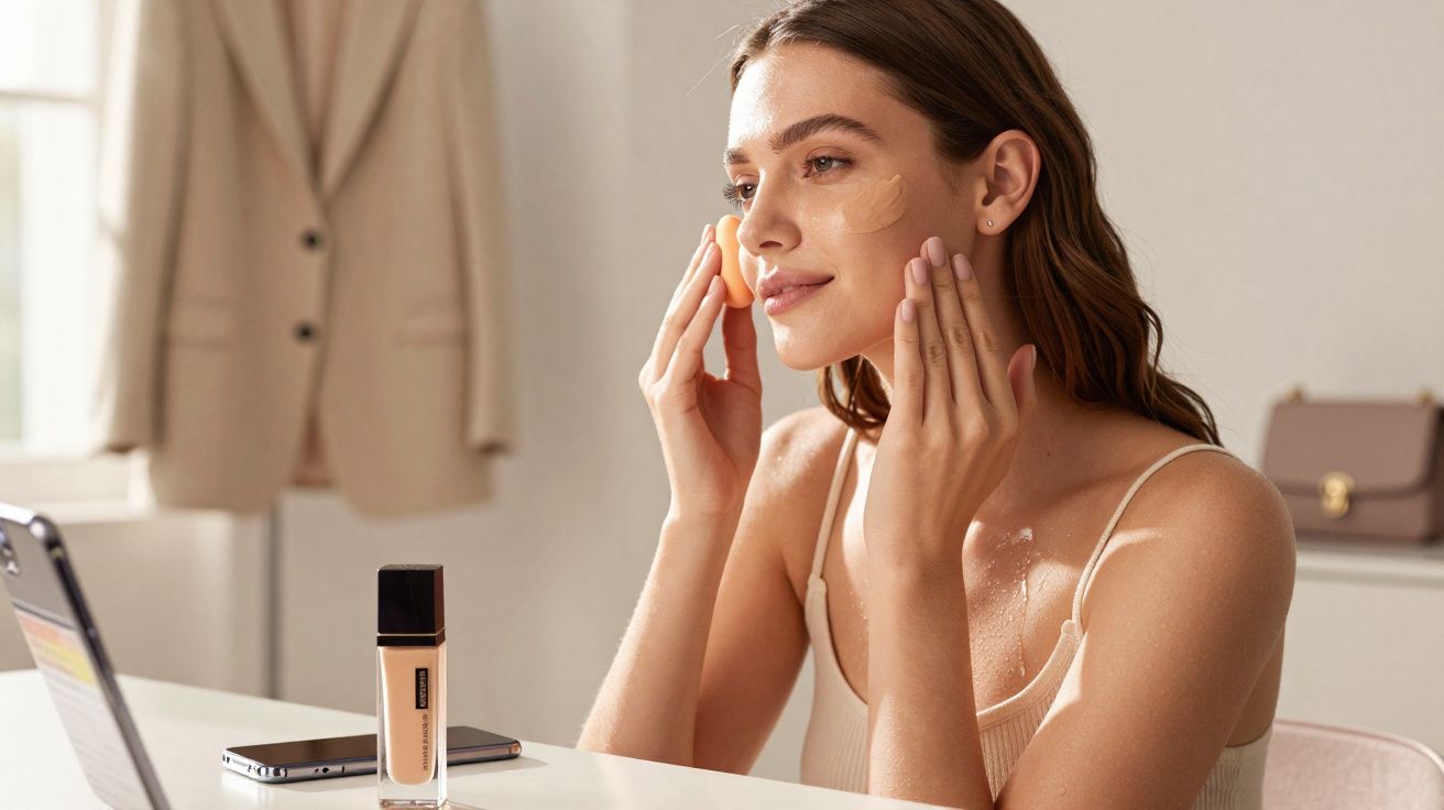 Jeune femme appliquant du maquillage avec une éponge devant un miroir posé sur une table blanche.