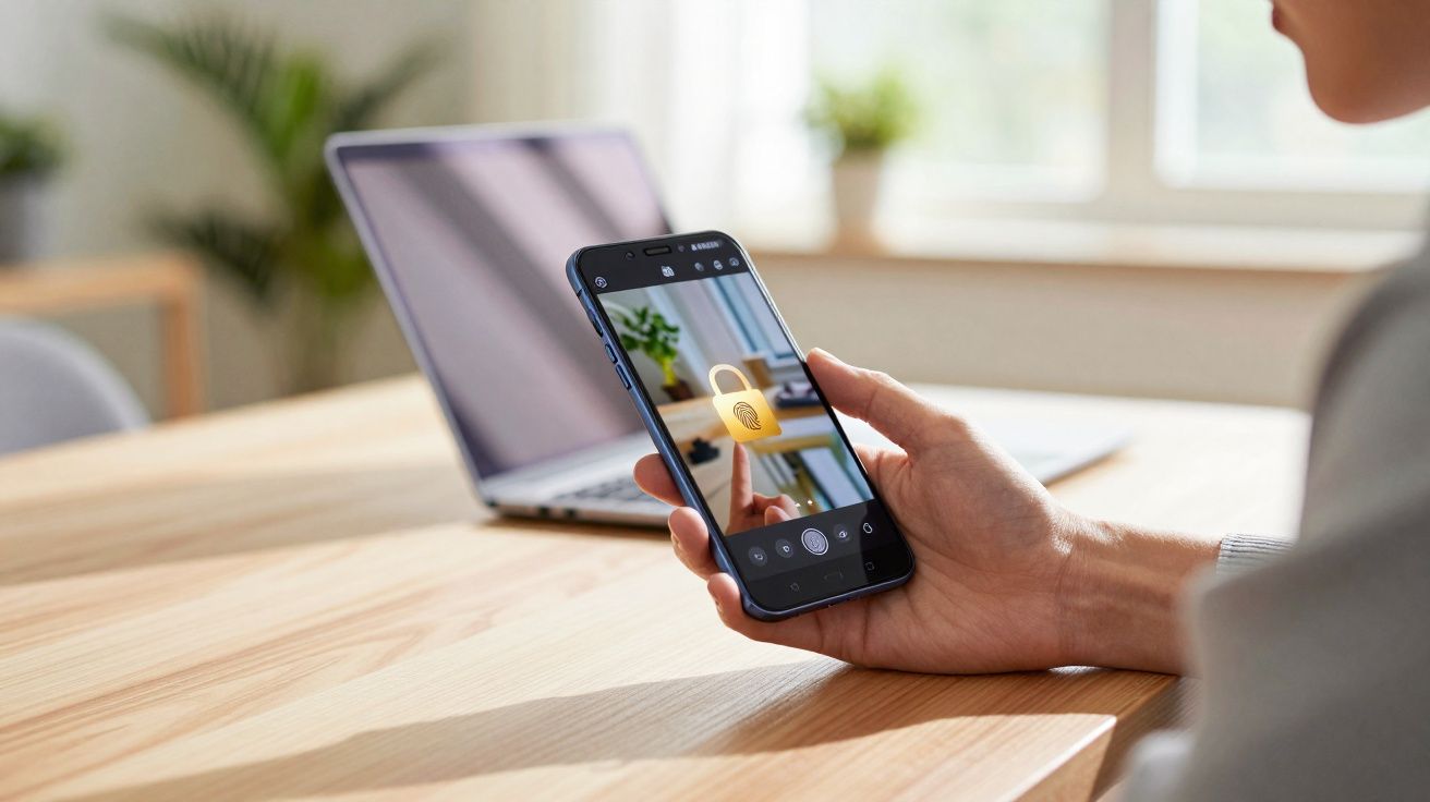 Personne tenant un smartphone affichant un cadenas de sécurité, avec un ordinateur portable sur une table en arrière-plan.