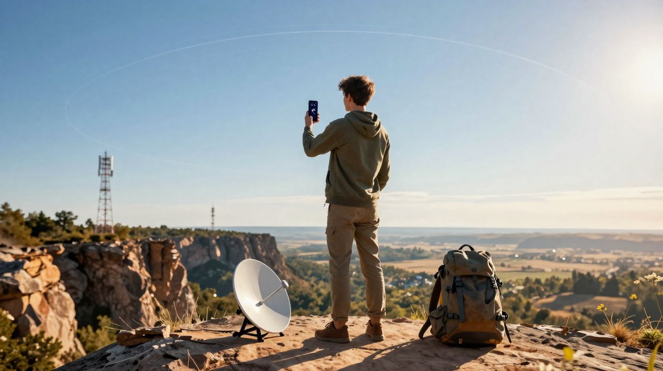 Homme en veste prenant une photo avec son téléphone sur une falaise, près d’une antenne et d’une parabole.