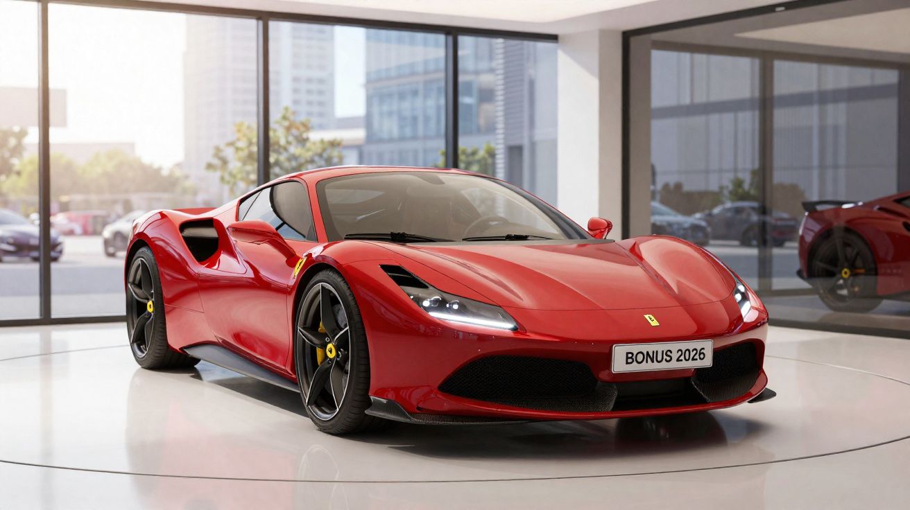 Voiture sportive rouge Ferrari stationnée dans un showroom moderne avec éclairage naturel.