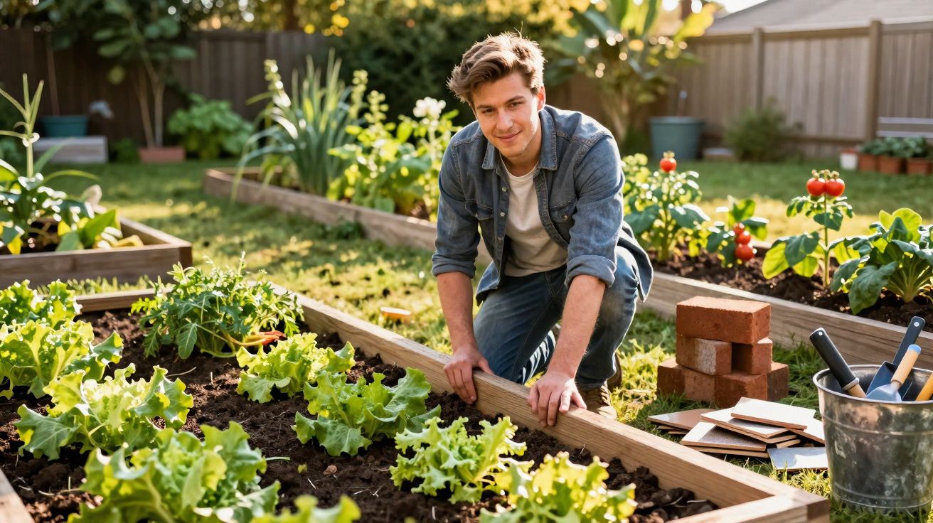 Jeune homme souriant jardine des légumes frais dans un potager surélevé en plein soleil.
