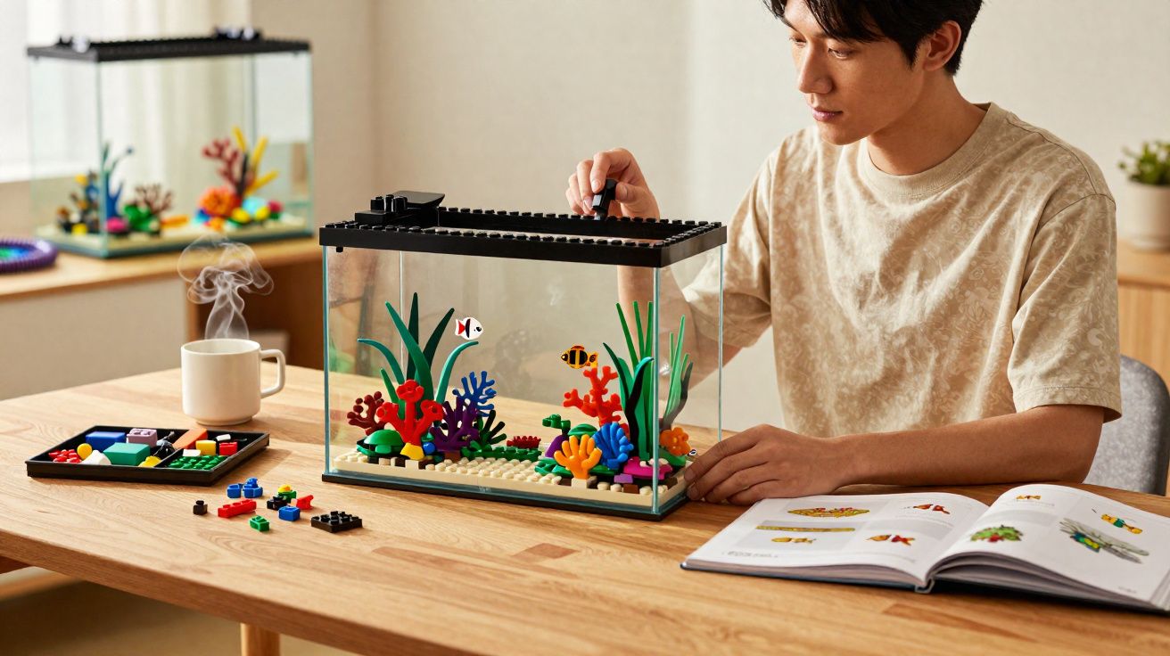 Jeune homme assemble un aquarium en briques LEGO colorées sur une table en bois dans un intérieur lumineux.