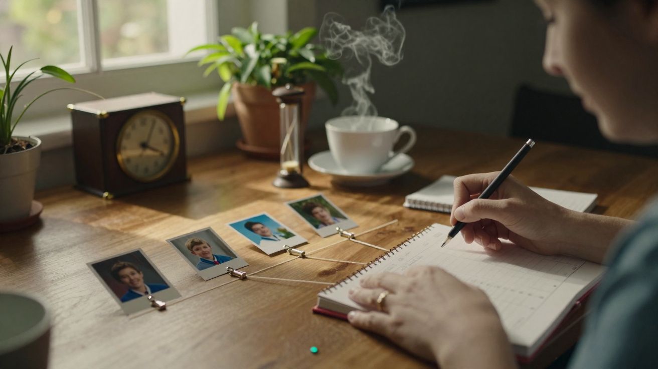 Personne écrivant dans un agenda avec photos reliées entre elles sur un bureau avec plantes et tasse fumante.