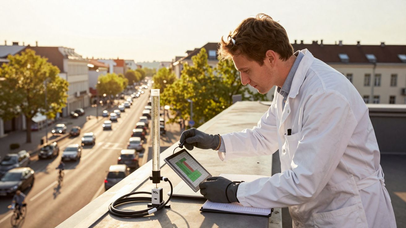 Scientifique en blouse blanche mesure la pollution de l'air sur le toit d'un bâtiment en milieu urbain au coucher du soleil.