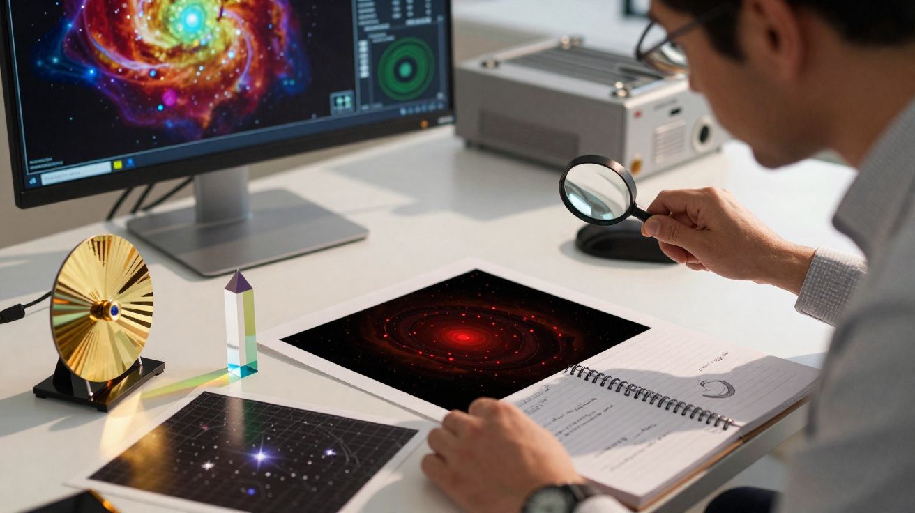 Chercheur observant une galaxie avec une loupe, écrans et notes d'astronomie sur un bureau lumineux.