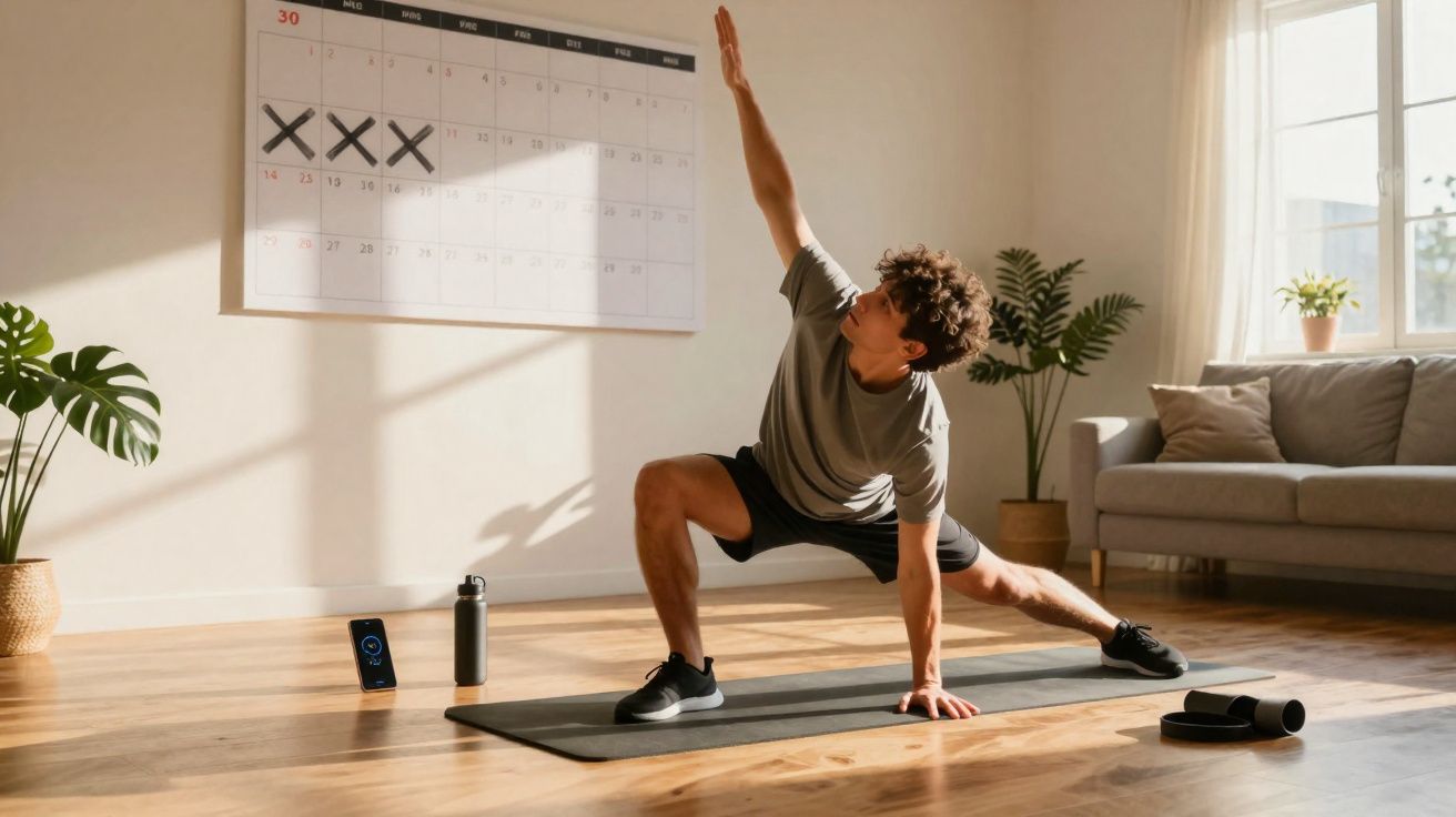 Homme effectuant un étirement sur un tapis de yoga dans un salon lumineux avec calendrier mural et plantes.