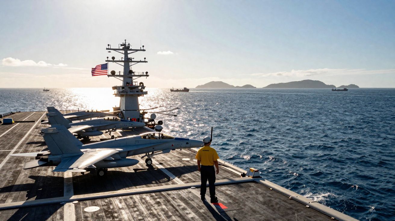 Porte-avions avec avions de chasse et marin en uniforme jaune observant la mer au coucher du soleil.
