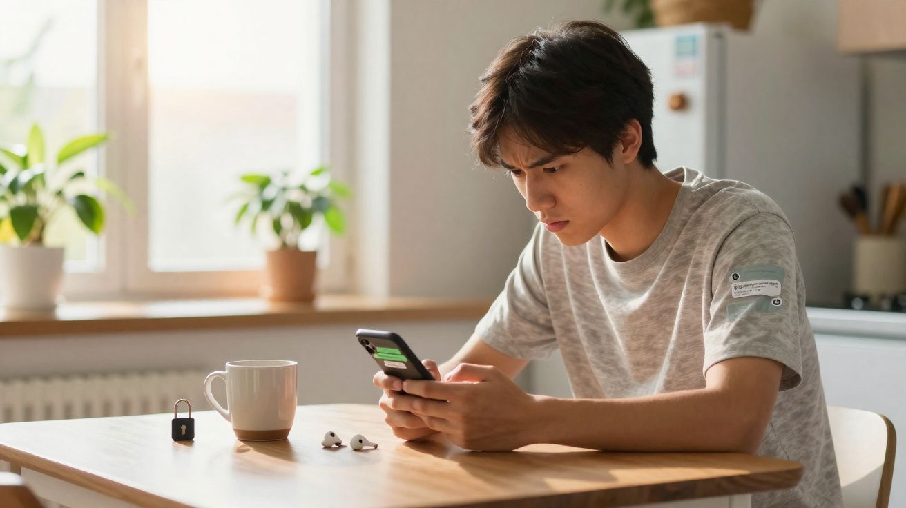 Jeune homme concentré regardant un smartphone à une table avec une tasse, des écouteurs et un petit cadenas.
