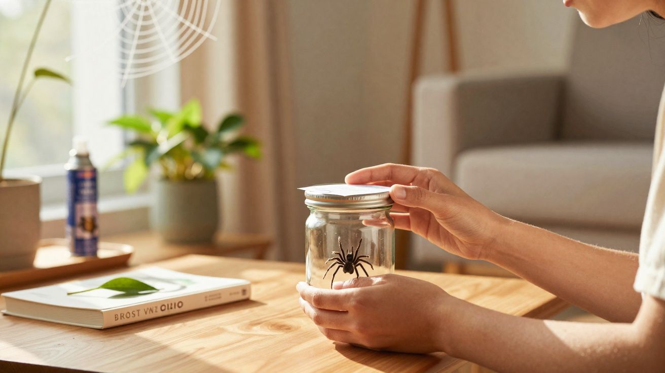 Personne tenant un bocal avec une araignée à l'intérieur, posée sur une table en bois clair.