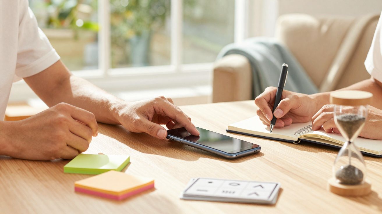 Deux personnes discutent à une table avec smartphone, carnet, notes autocollantes et sablier en bois.