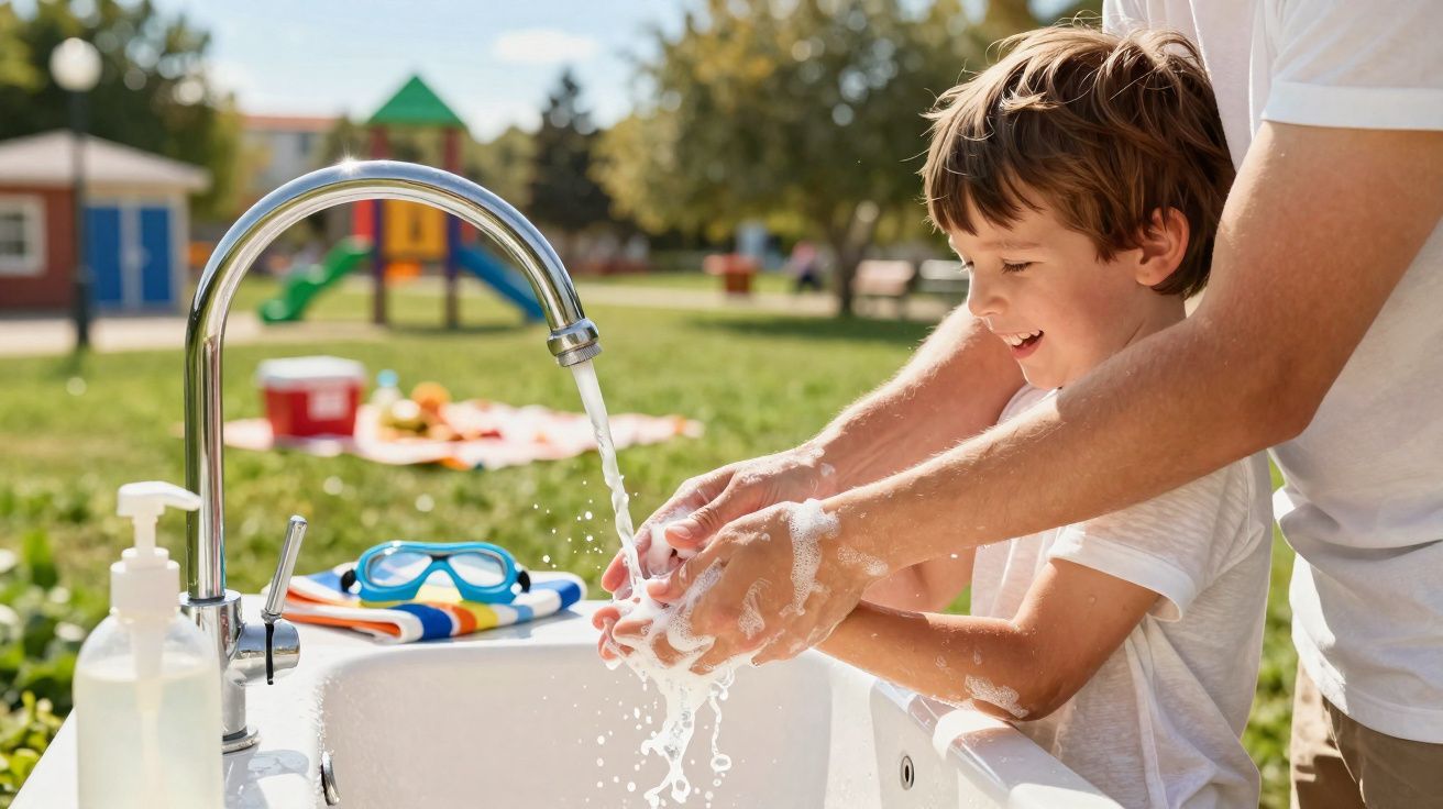 Un enfant rit en se lavant les mains avec de l'aide sous un robinet extérieur dans un parc.