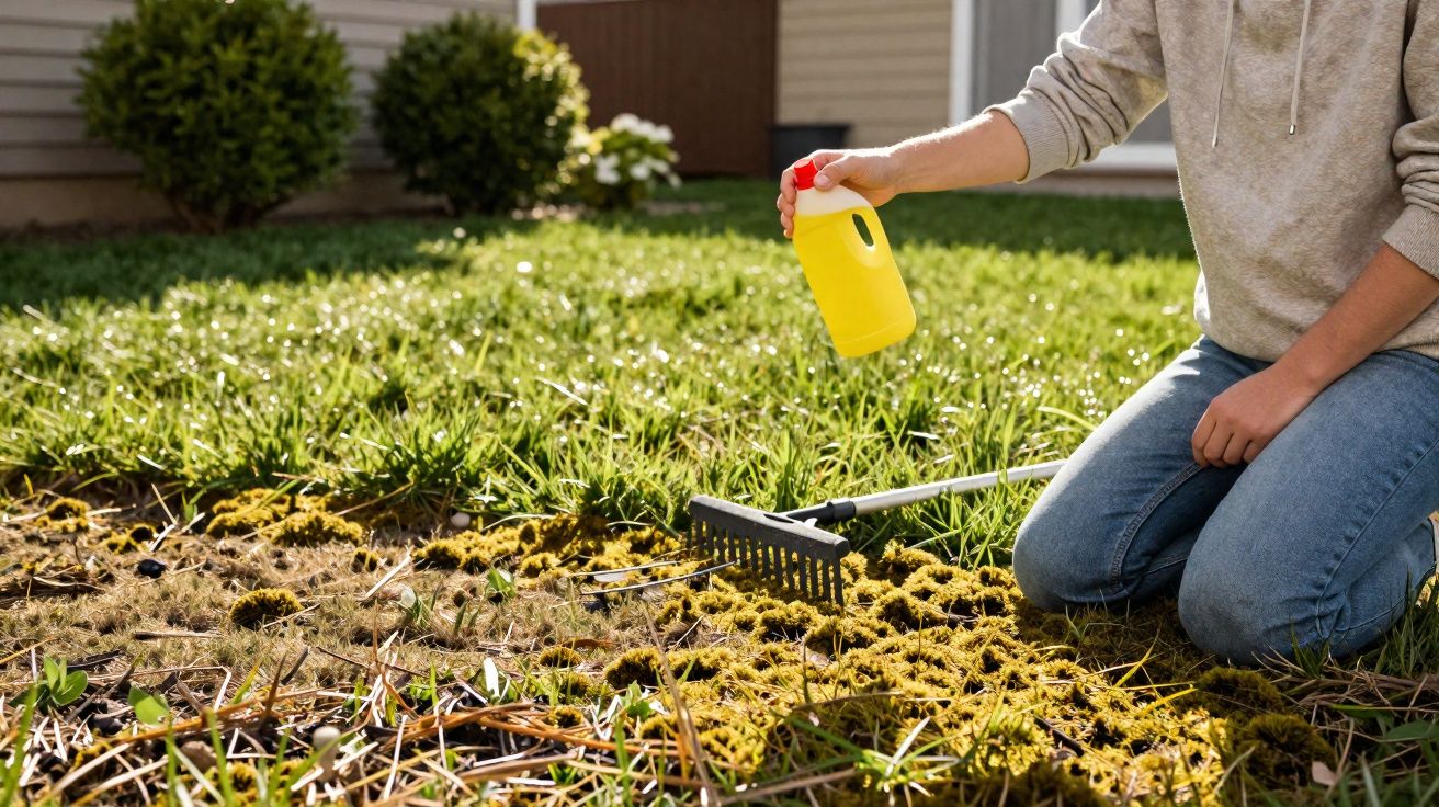 Personne à genoux désherbant un jardin avec un petit râteau et un pulvérisateur jaune.