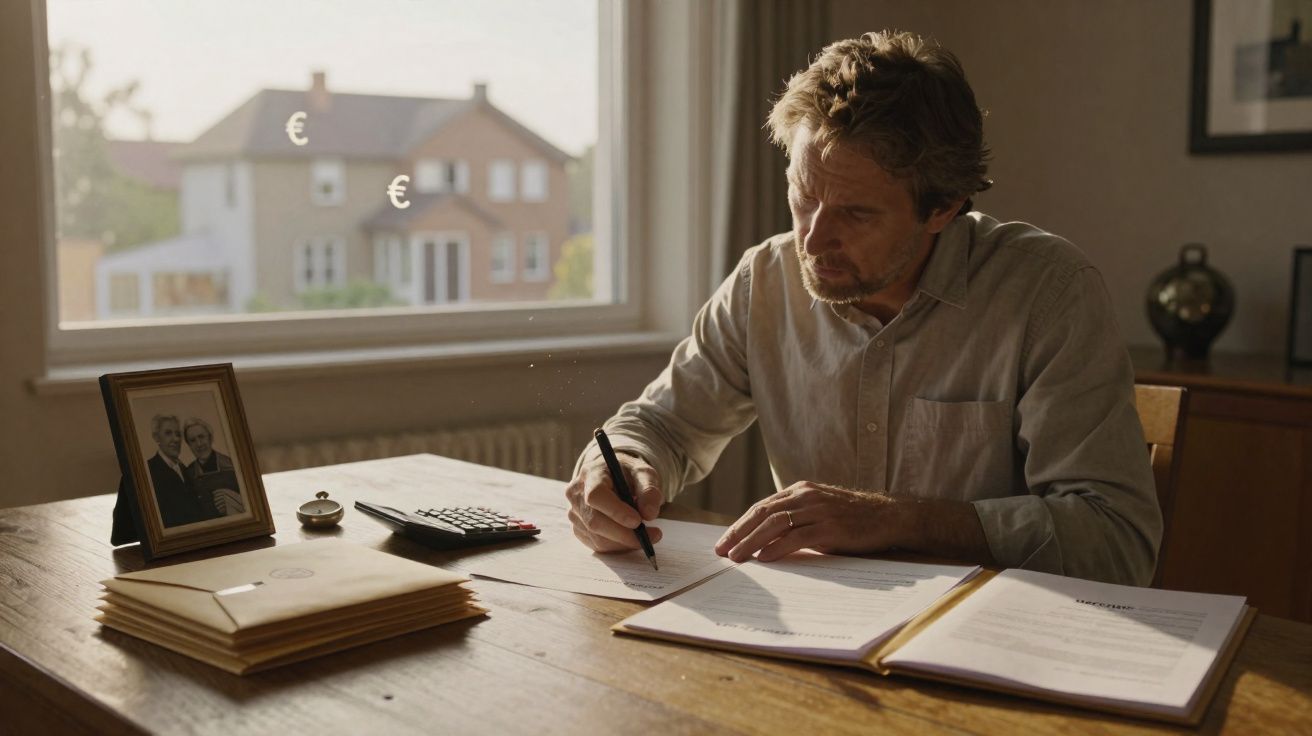 Homme concentré signant des documents à une table avec calculatrice et photo de famille.