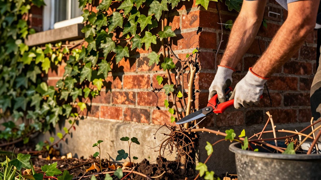 Personne taillant des branches d'une plante grimpante avec un sécateur près d'un mur en briques.