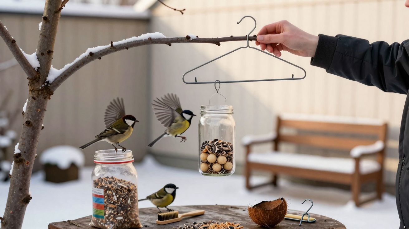 Trois mésanges prennent des graines dans des bocaux suspendus à une branche enneigée et à un cintre.