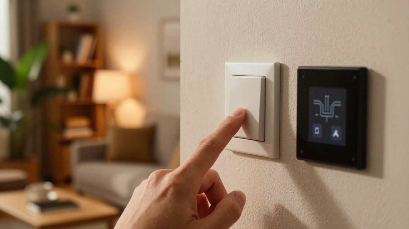 Main appuyant sur un interrupteur mural blanc dans un salon moderne avec un écran numérique à côté.