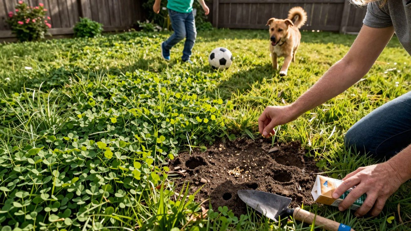 Enfant jouant au ballon avec un chien tandis qu’un adulte plante des graines dans un jardin ensoleillé.