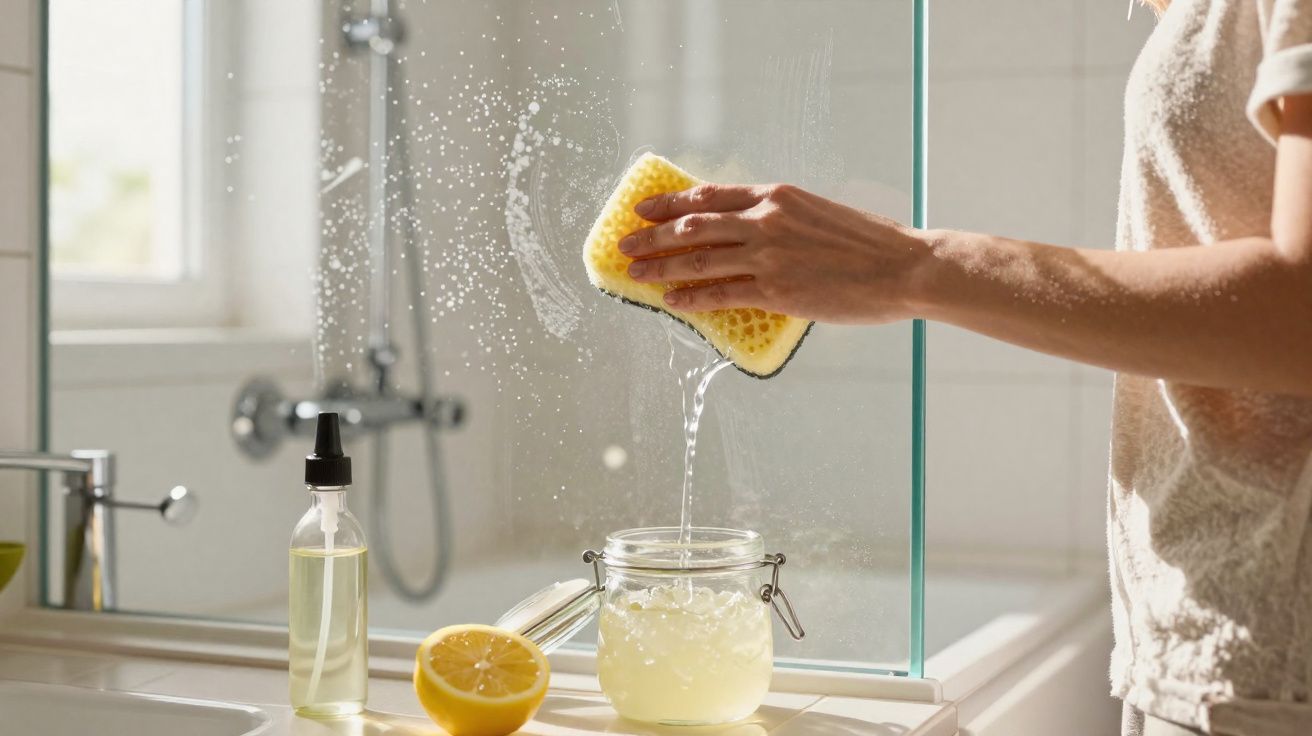 Main essuyant une paroi de douche en verre avec une éponge, près d'un citron et d'un pot de liquide nettoyant.