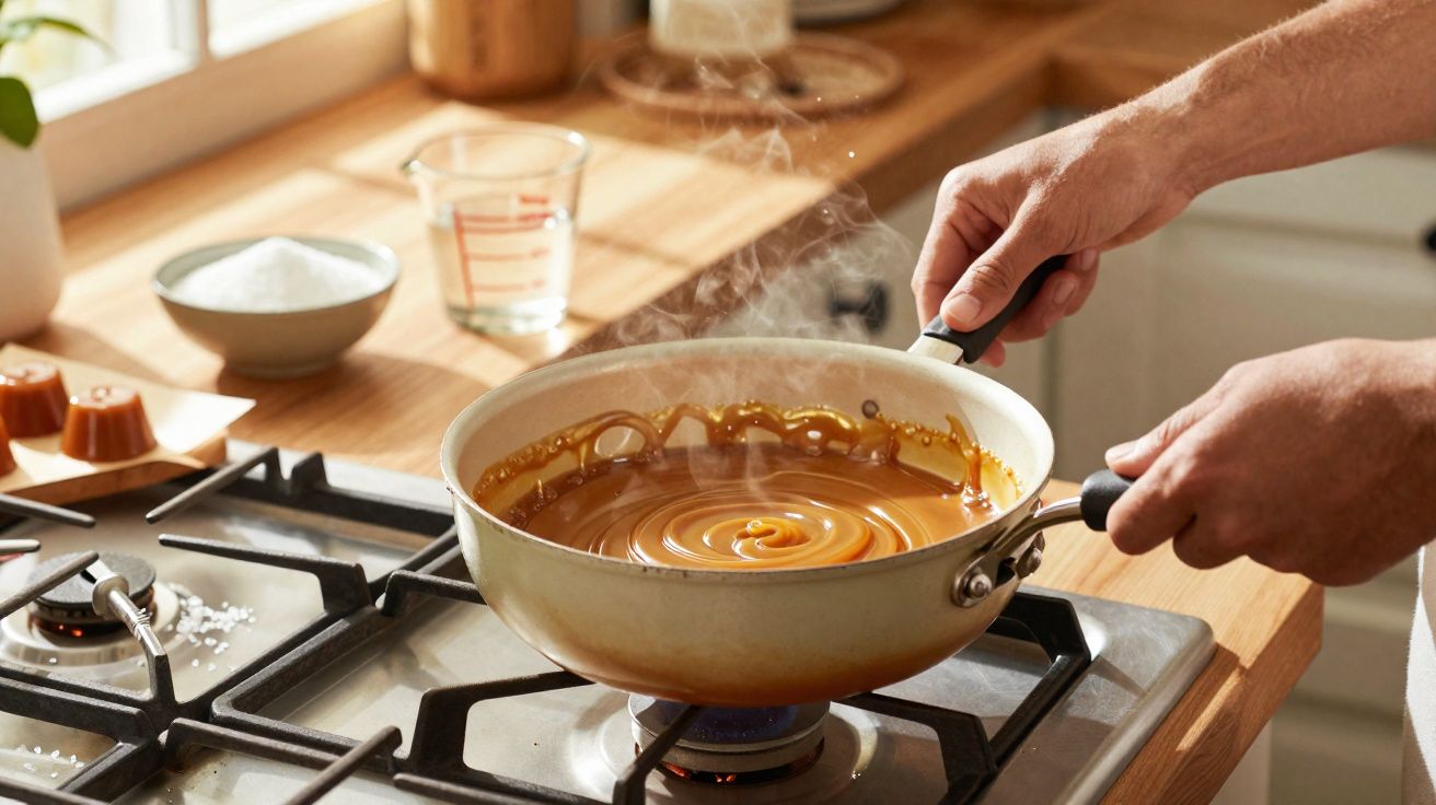 Une casserole sur une gazinière avec un caramel en train de cuire et deux mains la tenant.