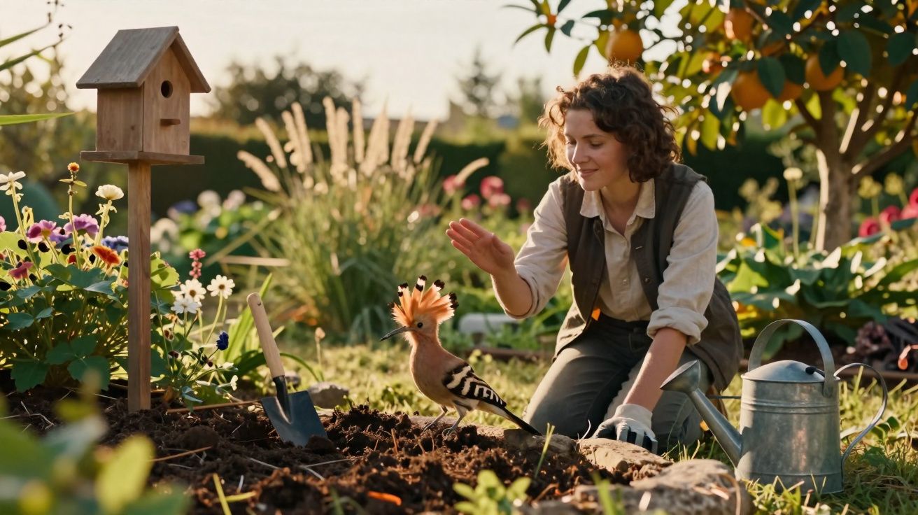 Femme souriante côtoyant un oiseau dans un jardin avec nichoir, arrosoir et plantes fleuries.