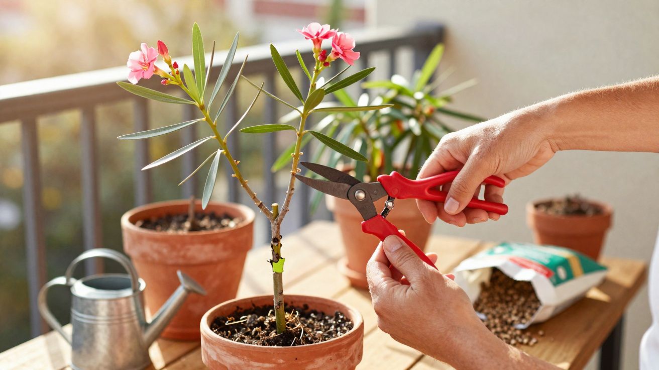 Personne taillant une plante fleurie en pot avec un sécateur rouge sur une terrasse ensoleillée.