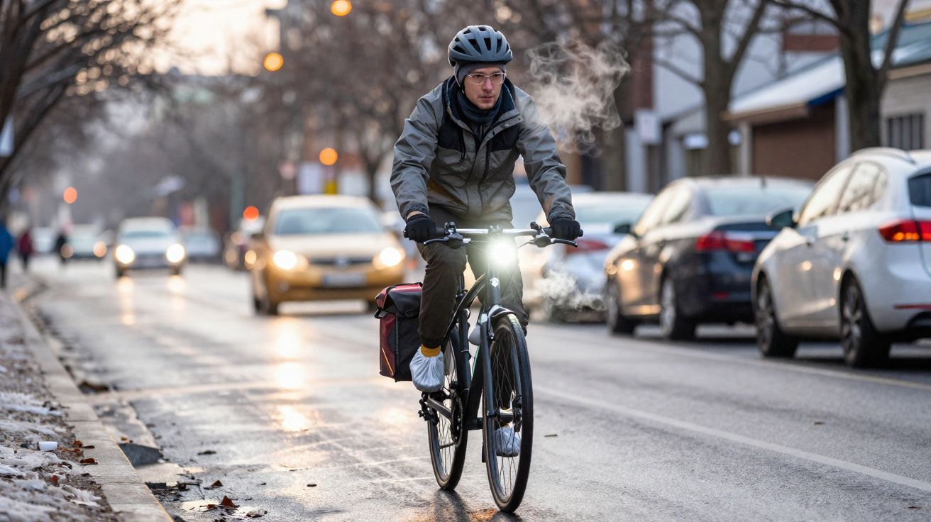 Homme à vélo avec casque et veste, vapeurs visibles en respirant, circulant sur une route urbaine enneigée.