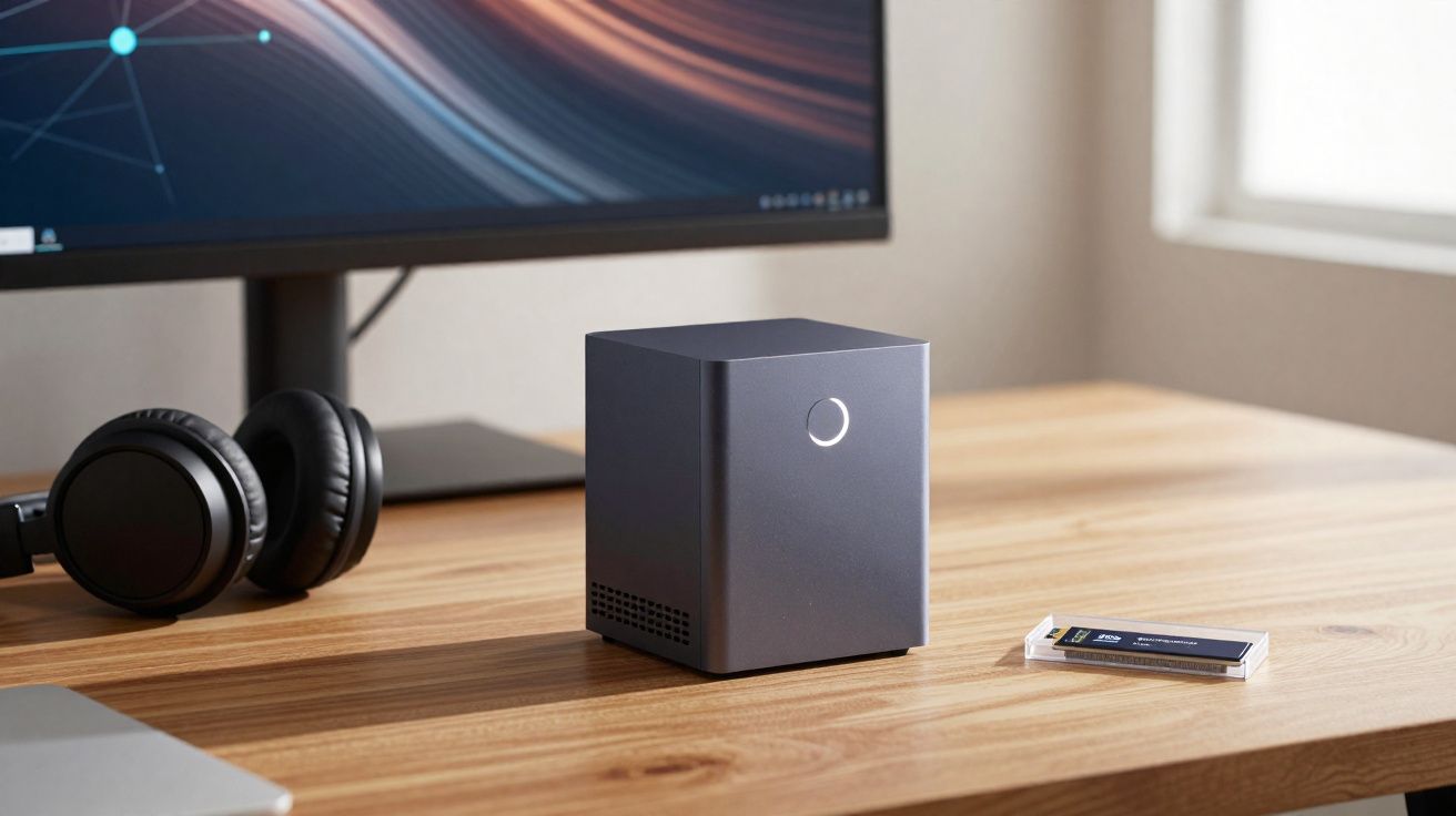 Un bureau en bois avec un casque noir, une mini tour PC gris et une clé USB posés devant un écran d’ordinateur.