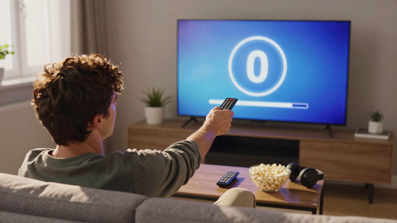 Jeune homme assis sur un canapé, télécommande en main, regardant un téléviseur avec une barre de chargement.