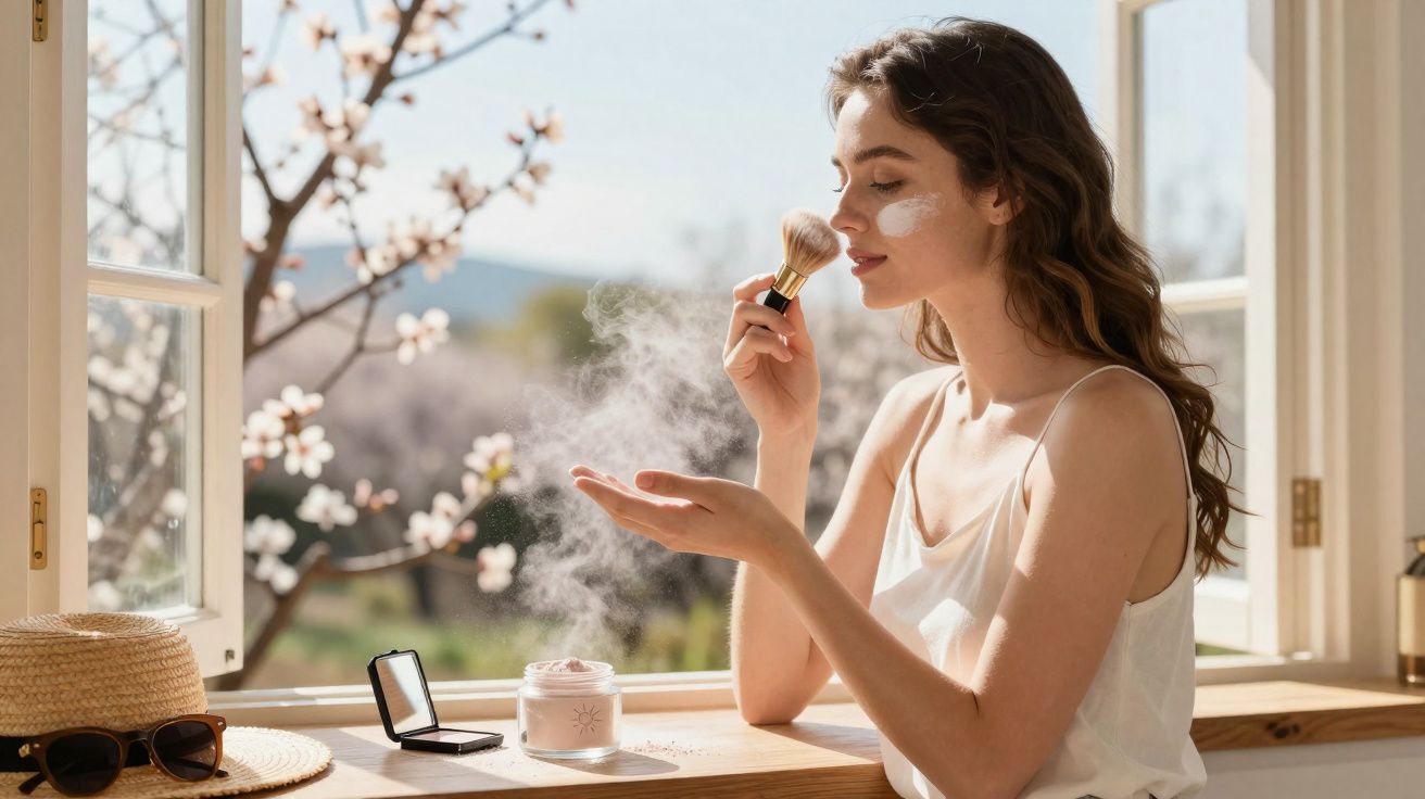 Jeune femme appliquant de la crème avec un pinceau près d'une fenêtre ouverte, lumière naturelle et fleurs en arrière-plan.