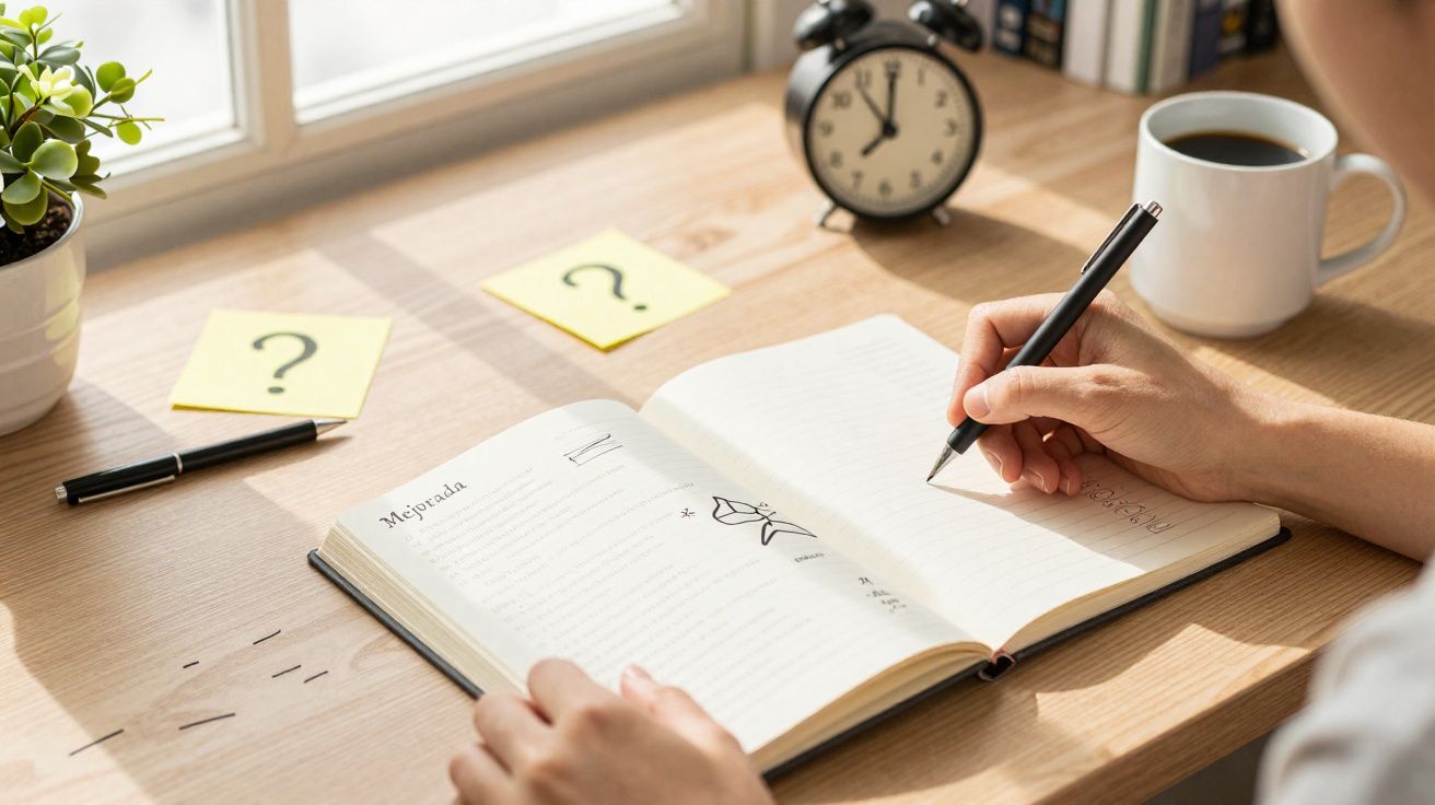 Personne écrivant dans un carnet ouvert sur un bureau avec une tasse de café, une horloge et des notes avec points d'interrog