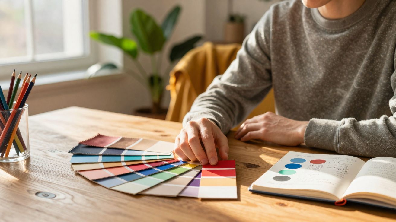 Personne choisissant une couleur parmi un éventail de nuanciers sur une table en bois près d'un livre ouvert.